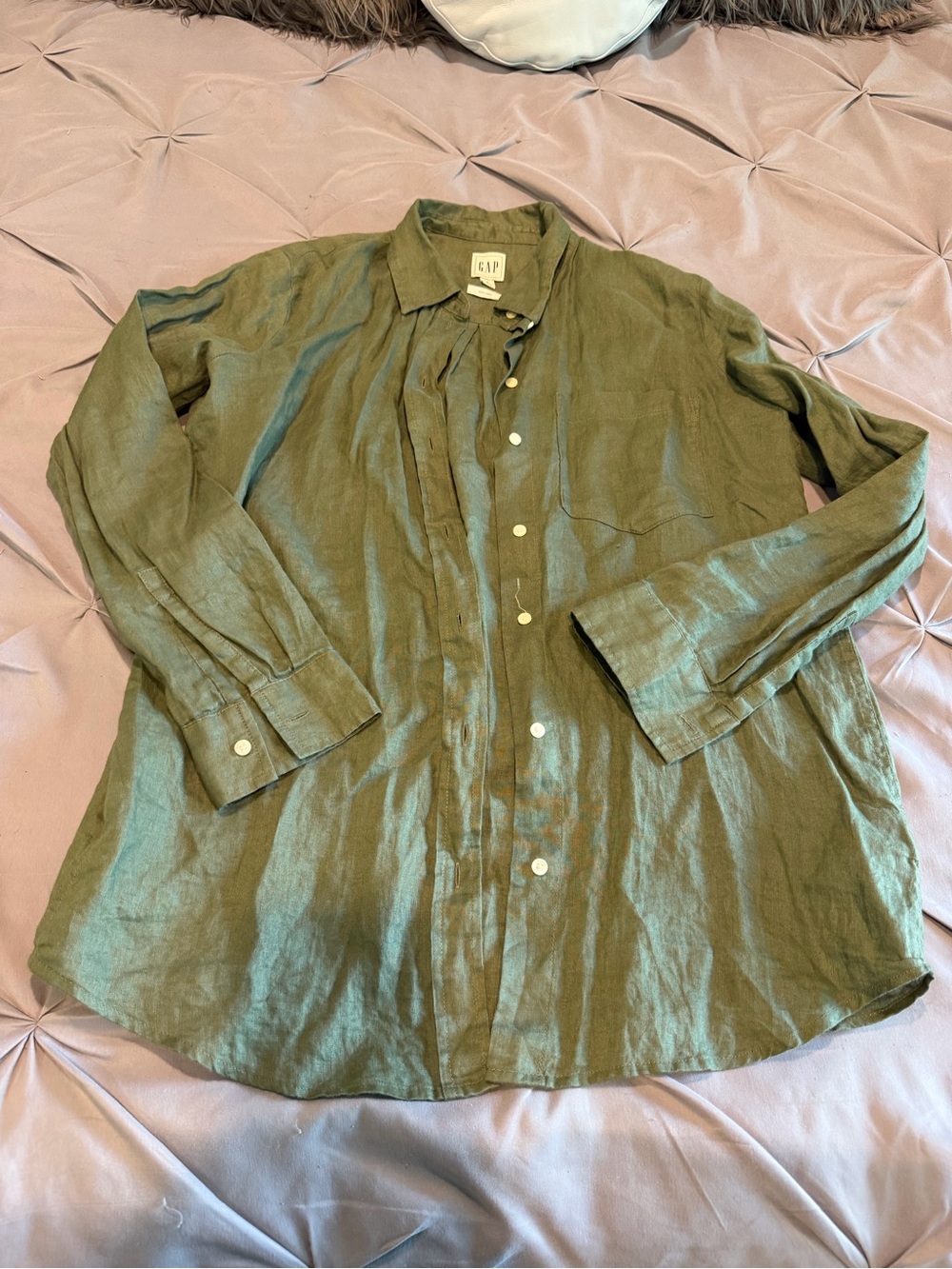 GAP Women’s Olive Green Linen Button-Up Shirt Jacket